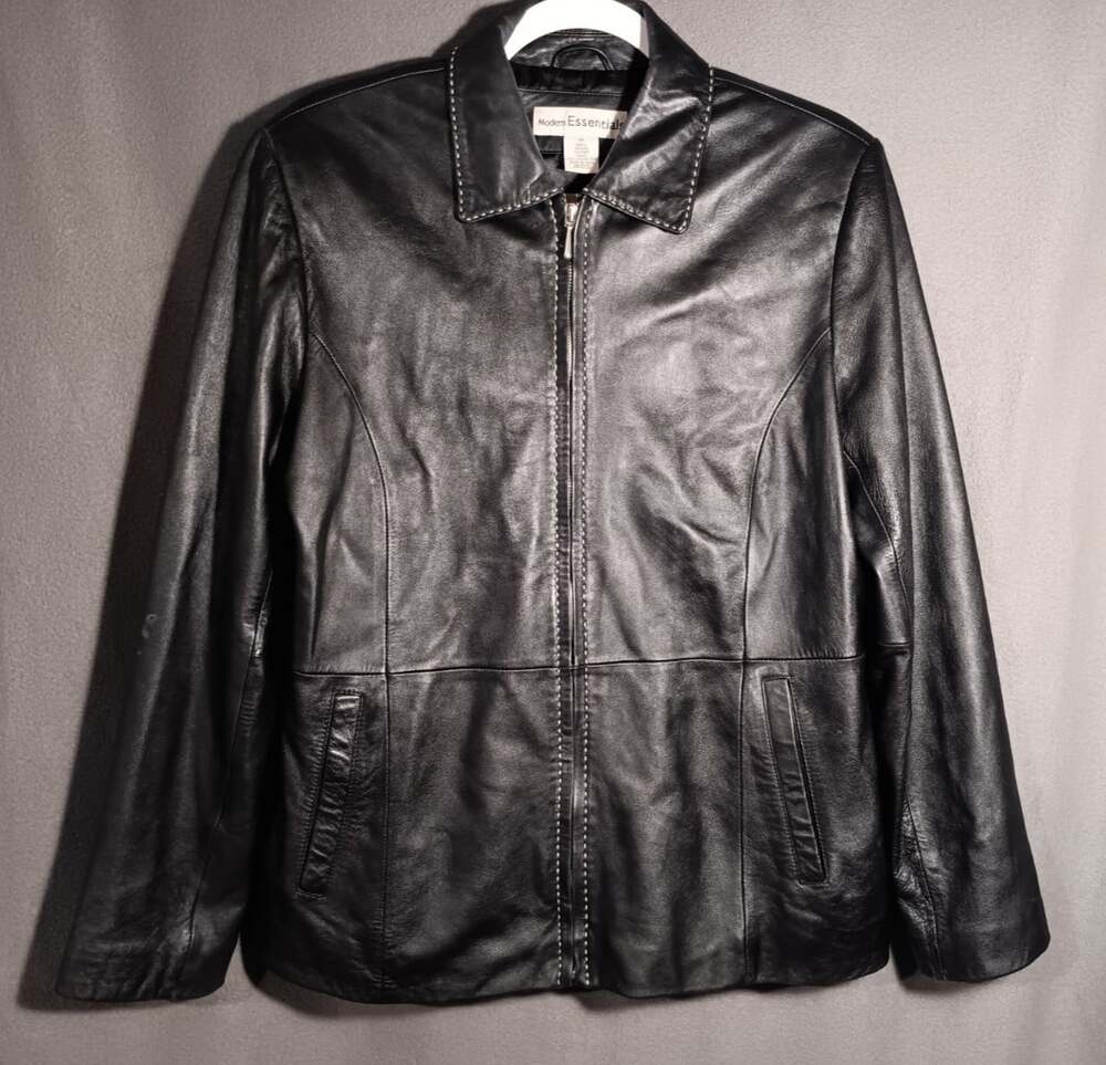 Modern Essentials Leather Jacket Women’s Medium Black Full Zip Pick Stitch Moto